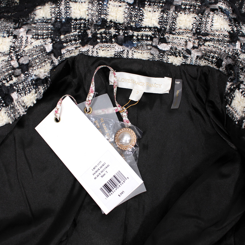 LoveShackFancy Lace Black Plaid Patrick Blazer 2 NEW Cropped Ivory Tweed Jacket - Picture 7 of 9